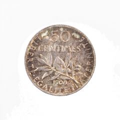 France, 50 centimes 1908, SUP, Argent, Le Franc 190